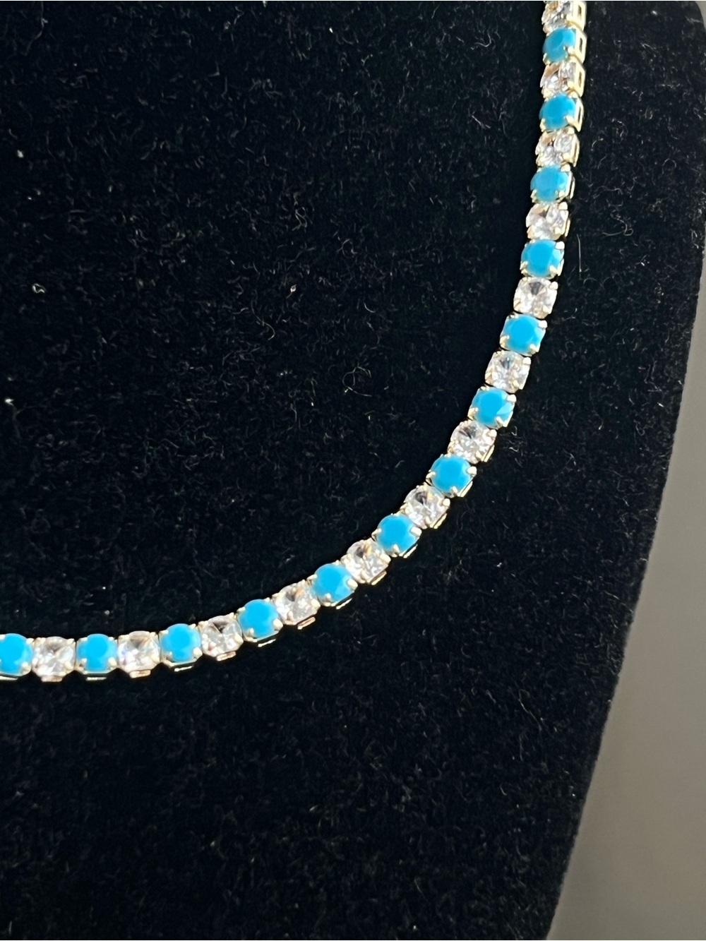 Alternating Turquoise and silver cz round stone Tennis Necklace (4mm stones) - Picture 2 of 4